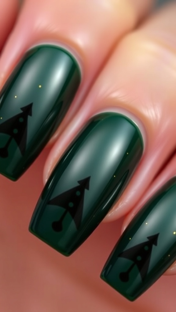 Elegant dark green Christmas nails with gold accents on a blurred background.